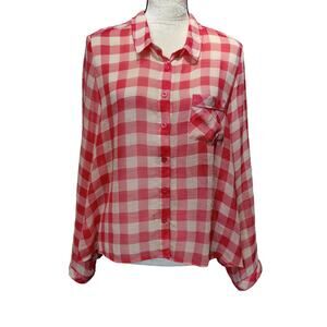 Free People Women's Sz L Red Checked Gauzy Sheer Button Up Shirt Picnic Boxy